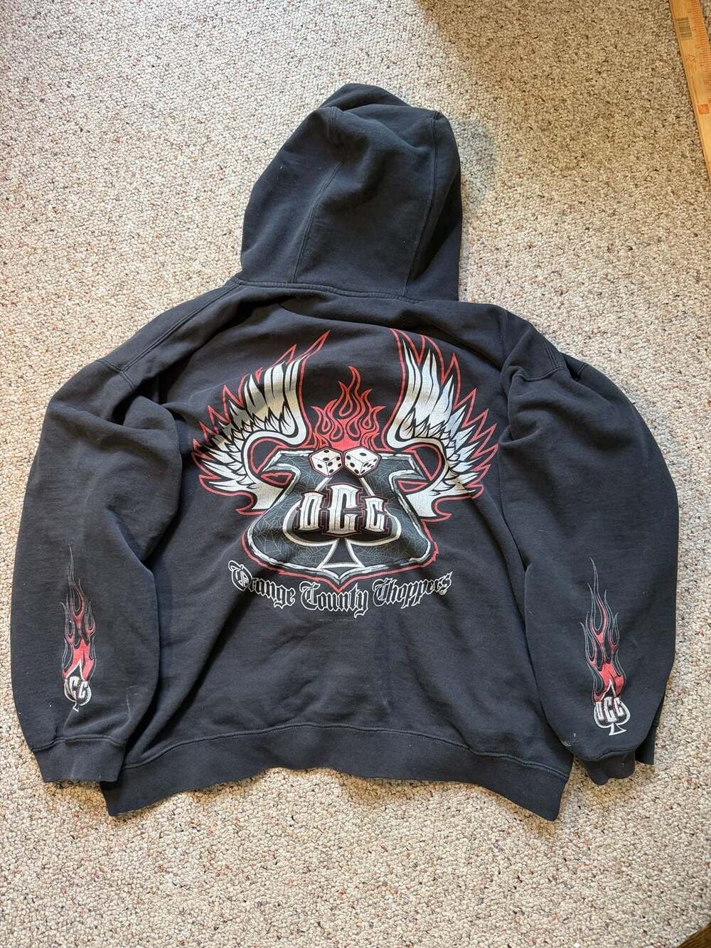 Thrashed Vintage Orange County Choppers Winged Dice Graphic Hoodie Black Size L - Picture 2 of 9